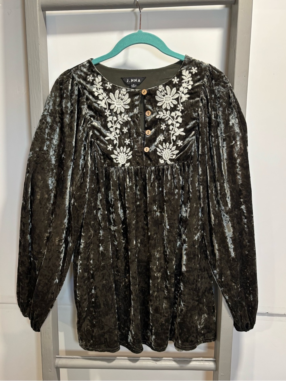 Crushed Velvet Med Embroidered tunic, peasant top, boho, bell sleeves, hippie